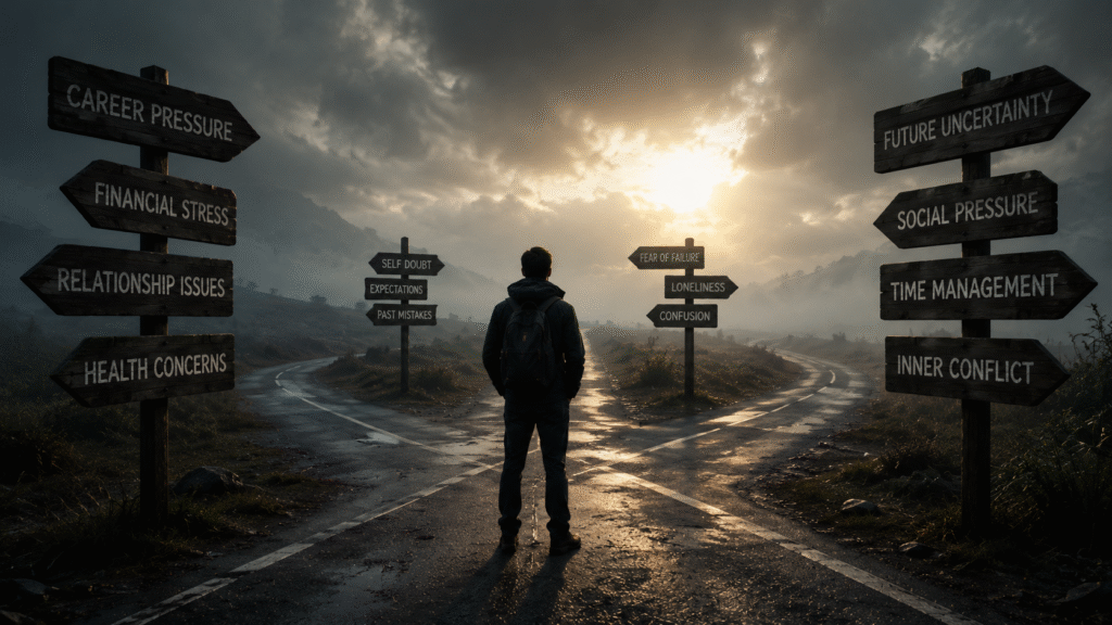 man at crossroad with life challenges